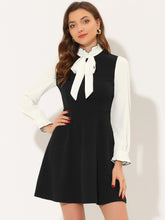 Patchwork Contrast Color Long Sleeve Tie Neck Mini Dress