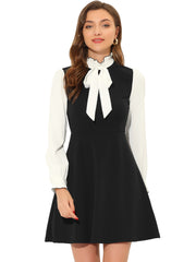 Patchwork Contrast Color Long Sleeve Tie Neck Mini Dress