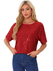 Sequin Top Round Neck Short Sleeve Party Clubwear Blouse