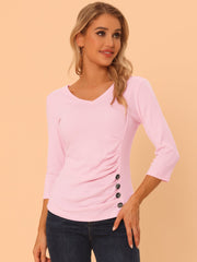 3/4 Sleeves V Neck Solid Knitted Button Decor Ruched Blouse