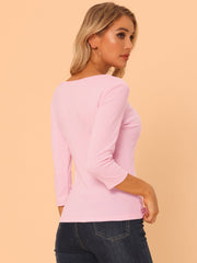 3/4 Sleeves V Neck Solid Knitted Button Decor Ruched Blouse