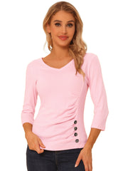 3/4 Sleeves V Neck Solid Knitted Button Decor Ruched Blouse