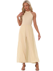Sleeveless Halter Neck Belted Elegant Wedding Cocktail Dressy Jumpsuits