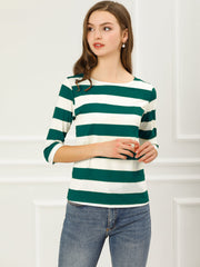 Striped 3/4 Sleeve Casual Basic Boat Neck T-shirt