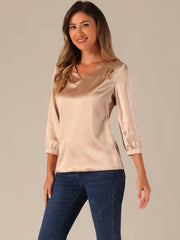 Casual Office Blouse 3/4 Sleeve V Neck Satin Shirt
