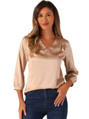 Casual Office Blouse 3/4 Sleeve V Neck Satin Shirt