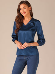 Casual Office Blouse 3/4 Sleeve V Neck Satin Shirt
