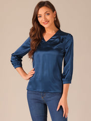 Casual Office Blouse 3/4 Sleeve V Neck Satin Shirt