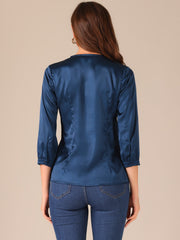 Casual Office Blouse 3/4 Sleeve V Neck Satin Shirt