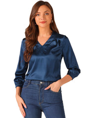 Casual Office Blouse 3/4 Sleeve V Neck Satin Shirt