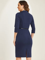Work Office Dress 3/4 Sleeve Belted Sweetheart Neck Sheath Dress
