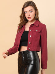 Button Down Long Sleeve Casual Cropped Denim Jacket