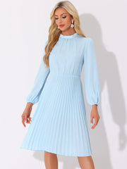 Stand Collar Long Sleeve Belted Pleated Midi Dress