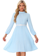 Stand Collar Long Sleeve Belted Pleated Midi Dress