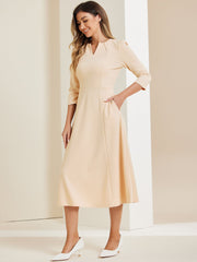 Notch Neck Pocketed 3/4 Sleeve Solid A-Line Work Dress