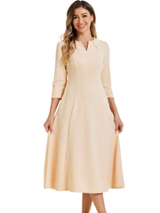Notch Neck Pocketed 3/4 Sleeve Solid A-Line Work Dress