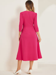 Notch Neck Pocketed 3/4 Sleeve Solid A-Line Work Dress