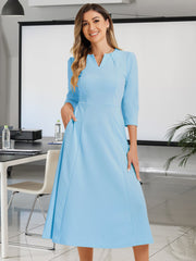 Notch Neck Pocketed 3/4 Sleeve Solid A-Line Work Dress