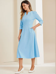 Notch Neck Pocketed 3/4 Sleeve Solid A-Line Work Dress
