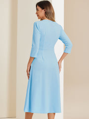 Notch Neck Pocketed 3/4 Sleeve Solid A-Line Work Dress