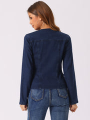Lapel Collar Long Sleeve One Button Denim Blazer Jean Jacket