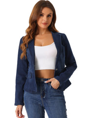 Lapel Collar Long Sleeve One Button Denim Blazer Jean Jacket
