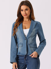 Lapel Collar Long Sleeve One Button Denim Blazer Jean Jacket