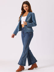 Lapel Collar Long Sleeve One Button Denim Blazer Jean Jacket
