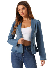 Lapel Collar Long Sleeve One Button Denim Blazer Jean Jacket