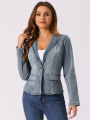 Lapel Collar Long Sleeve One Button Denim Blazer Jean Jacket