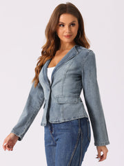 Lapel Collar Long Sleeve One Button Denim Blazer Jean Jacket