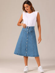Stretchy High Waist Buttons Front A-Line Flowy Pockets Midi Skirt