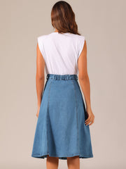 Stretchy High Waist Buttons Front A-Line Flowy Pockets Midi Skirt