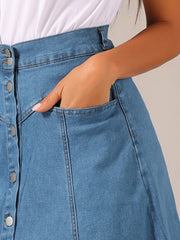 Stretchy High Waist Buttons Front A-Line Flowy Pockets Midi Skirt