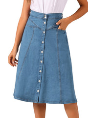 Stretchy High Waist Buttons Front A-Line Flowy Pockets Midi Skirt
