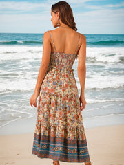 Boho Floral Summer Spaghetti Strap A-Line Flowy Smocked Midi Dress Sundress