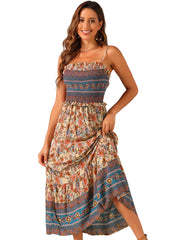 Boho Floral Summer Spaghetti Strap A-Line Flowy Smocked Midi Dress Sundress
