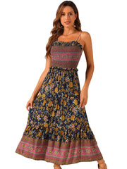 Boho Floral Summer Spaghetti Strap A-Line Flowy Smocked Midi Dress Sundress