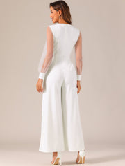 Elegant V Neck Mesh Long Sleeve Loose Wide Leg Jumpsuits