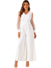 Elegant V Neck Mesh Long Sleeve Loose Wide Leg Jumpsuits