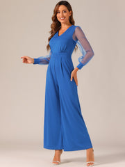 Elegant V Neck Mesh Long Sleeve Loose Wide Leg Jumpsuits