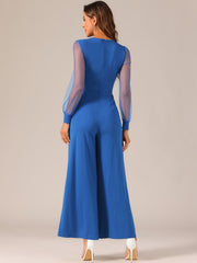 Elegant V Neck Mesh Long Sleeve Loose Wide Leg Jumpsuits