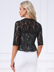 Lace Sheer 3/4 Sleeve Ruffle Hem Open Front Bolero Shrug