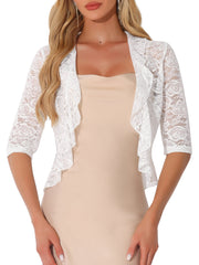 Lace Sheer 3/4 Sleeve Ruffle Hem Open Front Bolero Shrug