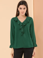 Ruffle Neck Gathered Cuff Long Sleeves Blouse