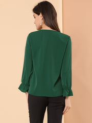 Ruffle Neck Gathered Cuff Long Sleeves Blouse