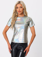 Party Metallic Textured Short Sleeve Shiny Multicolor Top