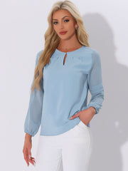 Chiffon Shirt Semi Sheer Keyhole Neck Elegant Work Blouse