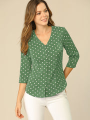 Polka Dots 3/4 Sleeve Button Front Vintage Office Blouse Top