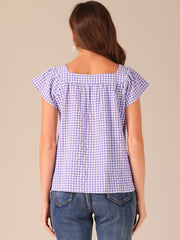 Square Neck Short Sleeves Gingham Plaid Blouse